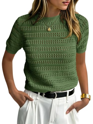 Image of Saodimallsu Womens Short Sleeve Crochet Sweaters Summer Boho Pullover Tops