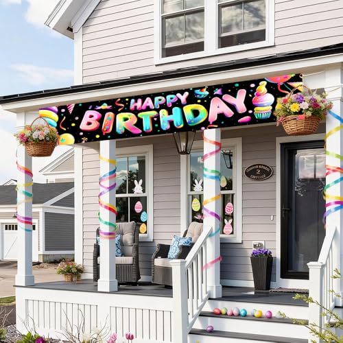 Image of Colorful Happy Birthday Banner 78.7 x 17.7 Inch Rainbow Letters with Party Balloons and Confetti Design Celebration Decoration for Kids Adults Home Yard Garden or Indoor Wall Display