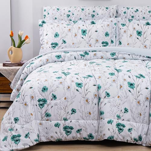 Image of lasoftan Floral King Comforter Set with Sheets, 7 piece Luxury Vintage Bedding, Soft Microfiber Bed in a Bag, Cozy Lightweight Bed Set, Teal Blue Flower Branch