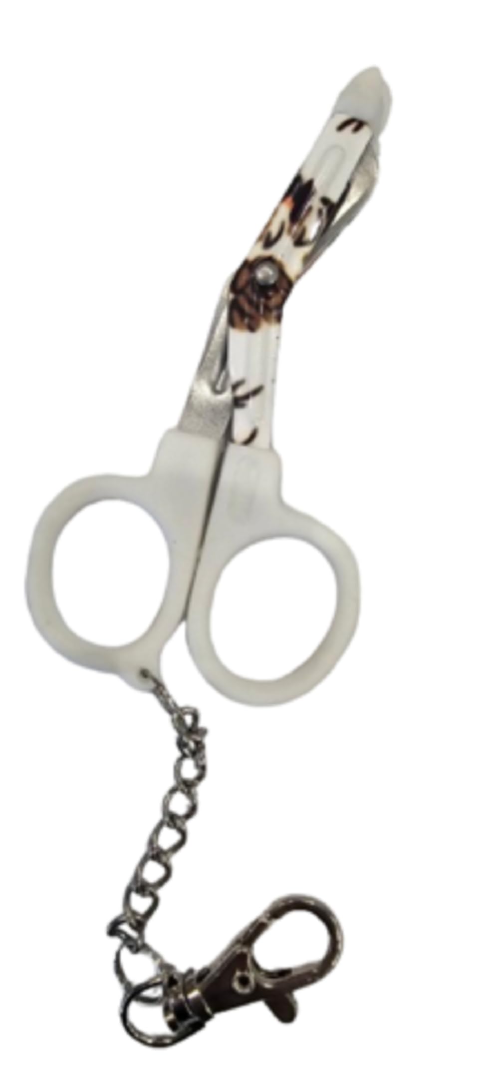 Novelty Nurse Mini Utility Scissors with Clip and Chain - White Handle with Flower Design Blades, White (Handle), Flower (Blades) - Image 2