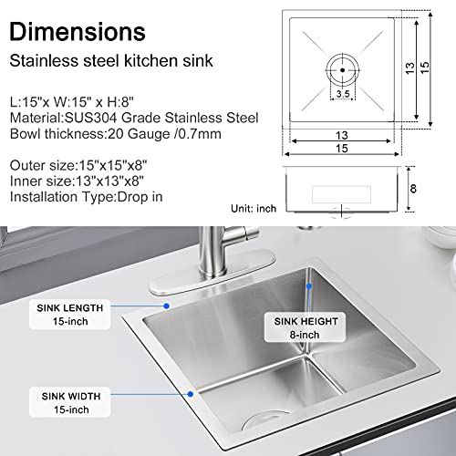 Menatt 15 X 15 Inch Undermount Bar Sink, Single Bowl Handmade Stainless Steel Kitchen/Bar Sink, 15" X 15" X 8" #TOP2