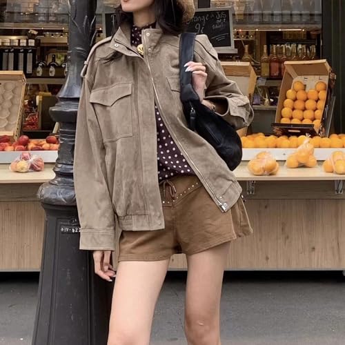 FindThy Women’s Suede Leather Jacket Vintage High Collar Long Sleeve Zip Up Oversized Outerwear Coat with Pockets3