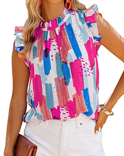 Allimy Women Summer Ruffle Trim Neckline Tank Tops Double Lined Chiffon Blouses2