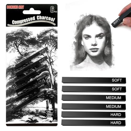 6 Pack Square Compressed Charcoal Pencils for Artists - Soft/Medium/Hard