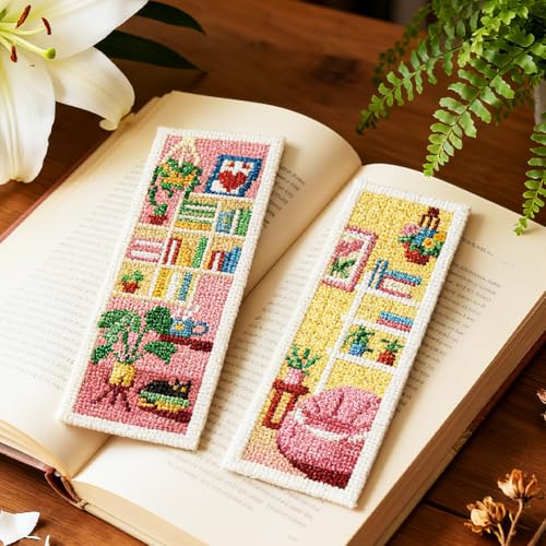 Image of INFUNLY 6PCS Sweet Home Cross Stitch Bookmarks Kit 3x8.5inch Cat Window Stamped Embroidery Bookmark Kit Life Scenarios Needlepoint Bookmark Set with Instruction for Book Lover Reader Writer
