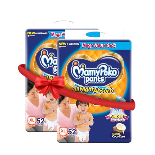 Image of Mamypoko pants All night absorb| Pant Style Baby Diapers X- Large Size(XL), 104 Count, Ideal for 12-17Kgs|1 Diaper= Upto All night Absorption|Wider Crisscross Sheet|Gentle Coco Care| 12hr Leakage Protection| Prevents Heaviness.