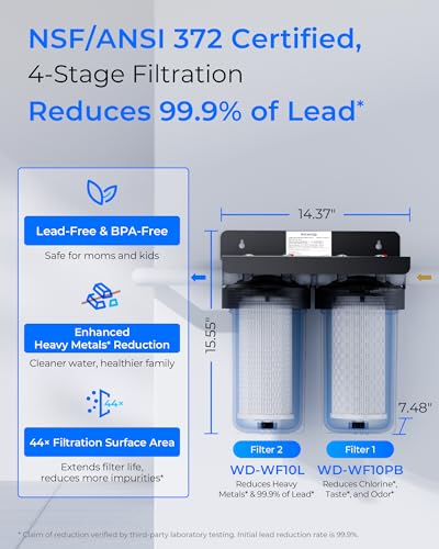 Waterdrop 2 Stage Whole House Water Filter System, with Carbon and Sediment Filter, Highly Reduce Lead, Chlorine, Heavy Metals, PFA, Taste, 5-Stage Filtration, WD-WHF21-PBL, 1