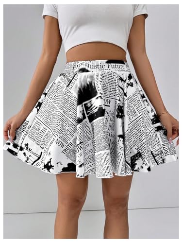 WDIRARA Women's Newspaper Graphic Print Skorts High Waist Flowy Athletic Skirts with Shorts Underneath3