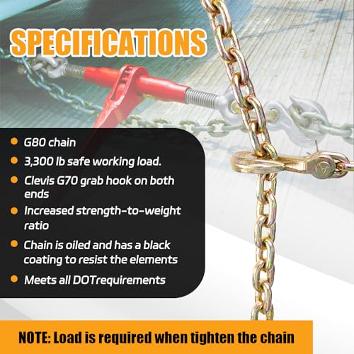 Image of 1 /4 inch Tow Chain | WLL 3,300 Lbs | 12FT High Strength Chain G80 Heavy Duty Log Chain with Clevis Grab Hooks for Towing | Trailer Transport Safety Chain for Truck Tie Down Binding Equipment
