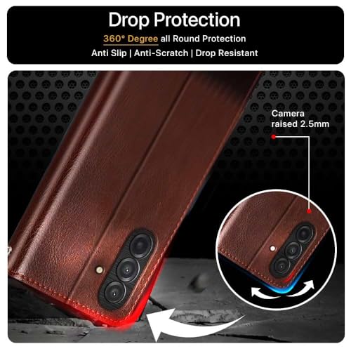 Image of FLIPPED Vegan Leather Flip Case Back Cover for Samsung Galaxy M17 5G | A17 5G | F17 5G (Flexible, Shock Proof | Hand Stitched Leather Finish | Card Pockets Wallet & Stand | Brown with Coffee)