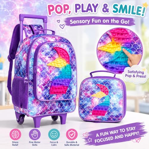 Image of Rolling Backpack for Girls and Boys,Unicorn Mermaid Dinosaur Roller Backpacks Set with Wheels for Kids, Fish Rolling Purple, One Size, Fish Rolling Purple