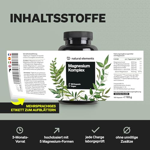natural elements Magnesium Komplex - Premium: Aus 5 hochwertigen Verbindungen - 400mg elementares Magnesium pro Tagesdosis - Laborgeprüft, vegan, hochdosiert 6