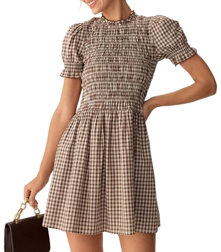 Image of RIHOAS Plaid Gingham Midi Dress Short Sleeve Smocked Dresses for Women | Cotton,Ruffle Puff Sleeves,Vintage Brown,Spring Summer Casual Daily,Picnic,Travel,Vacation,Christmas Festive Occasions
