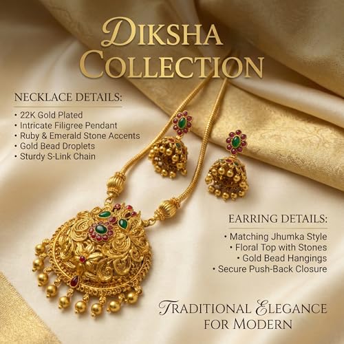 Image of South Indian Traditional Antique Matte Gold Finish Goddess Lakshmi & Peacock Motif Long Necklace Set with Jhumka Earrings for Women | Ethnic Temple Jewellery for Weddings, Brides & Festivals (Trendy)