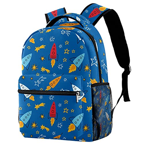 Sac à dos d'école imprimé gribouillis fusée étoile bleu avec compartiment PC 14"
