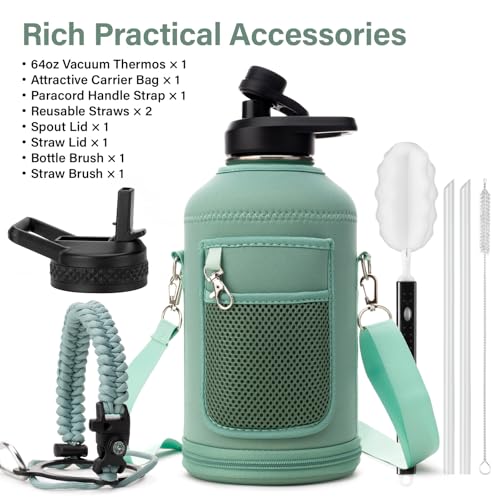 Insulated Water Bottle | Thickened Stainless Steel Vacuum Metal | Portable Sports Half Gallon Large Water Jug for Gym and Hiking with Straw, Carrier Bag, Handle Strap | BPA-Free 64 oz