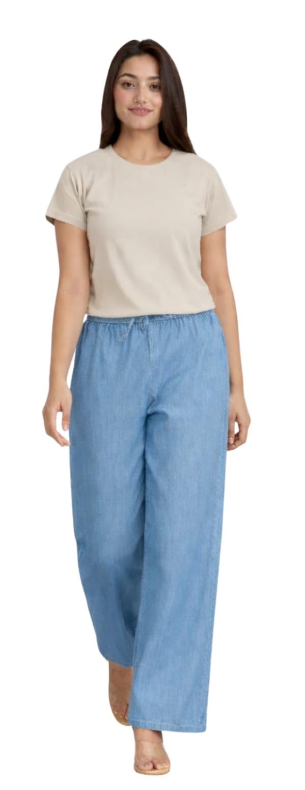 Women's Wide Leg Denim Palazzo Pants | High Waisted, Loose Fit, Elastic Back Jeans Trousers with Pockets-picture-21