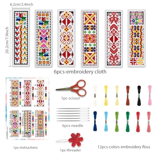 Image of BEUNITONE Cross Stitch Bookmark Kits 6 Pcs Traditional Decorative Patterns Counted Cross Stitch Kit Hand Stamped Embroidery Kit for Beginners Floral Fabric Bookmark Making Kit DIY 8''x2.4''