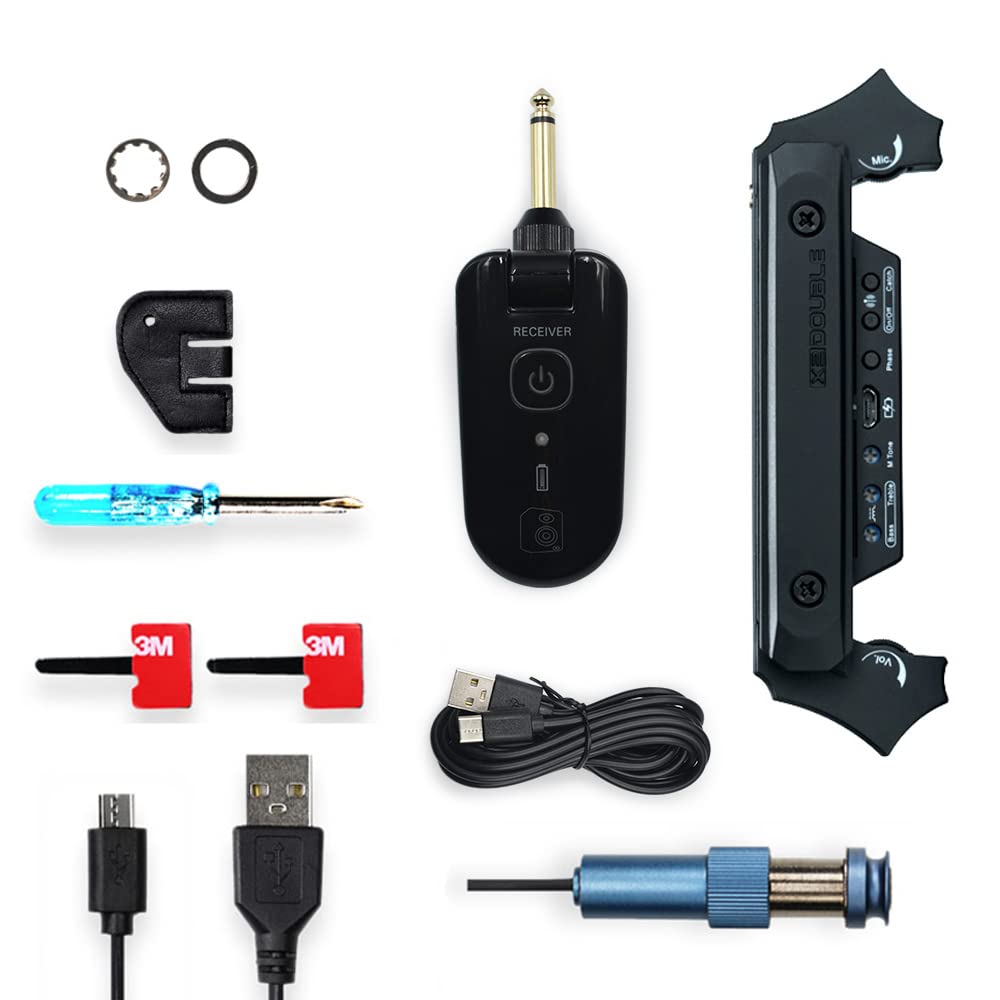 SETHDA Wireless & Wired Acoustic Guitar Pickup System,Wireless Soundhole Pickup with Receiver Microphone 30M Transmission for 80-120mm Sound-hole Acoustic Guitar Pickup (Black)