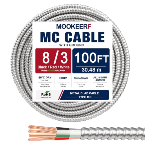 Image of MOOKEERF 8 /3 MC Cable with Ground - 100FT Pure Copper 8AWG /3 Metal Clad Wire with Aluminum Armor 8 Gauge 3 Conductor Type MC Alum Cable