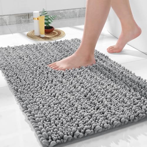 Yimobra Bathroom Rugs Non Slip Washable 24×17 Inch – Ultra Soft Absorbent Chenille Bath Mat, Quick Dry Shaggy Floor Carpet for Tub Shower, Gray Home Decor Accessories