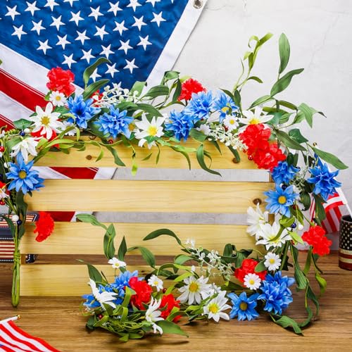 Image of XunYee 2 Pcs 6 ft 4th of July Patriotic Garlands for Mantle, Red White Blue Flower Garland Decorations for Memorial Day 250th Anniversary Independence Day Mantel Door Table Fireplace Tree Stairs