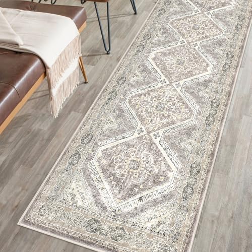 KUTA Oriental Washable Runner Rug, 2x10 Non-Slip Vintage Hallway Kitchen Long Rugs Ivory Grey Yellow Ultra Soft Printed Distressed Tribal Farmhouse Runners for Bedroom Living Room