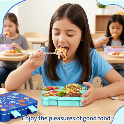 Image of Bento Lunch Box for Kids, Leak-Proof 5-Compartment Cute Lunchbox for Boys Girls, Drop-Proof, Food Container Microwave & Dishwasher Safe, Back to School Supplies for Ages 3 to 7, Blue /Astronaut