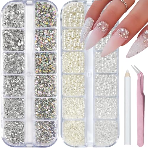 SEMATA Clear Nail Art Rhinestones Charms Flatback Nail Pearls Rhinestones Mixed Size Nails Gems White Beige Nails Pearls Art Accessories Decoration Design for Women
