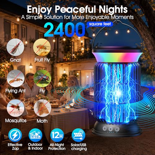 Image of Solar Bug Zapper Outdoor, 4 in 1 Outdoor Essential, 4200V Mosquito Zapper with Ambient Light, Smart Auto Mode, Solar USB Power for Camping Patio Garden Outdoor Living