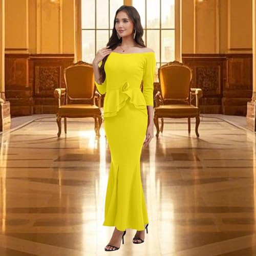 Image of Women's Elegant Formal Mermaid Maxi Dress Off Shoulder Long Sleeve Wedding Split Evening Gown Prom Cocktail Party Dresses