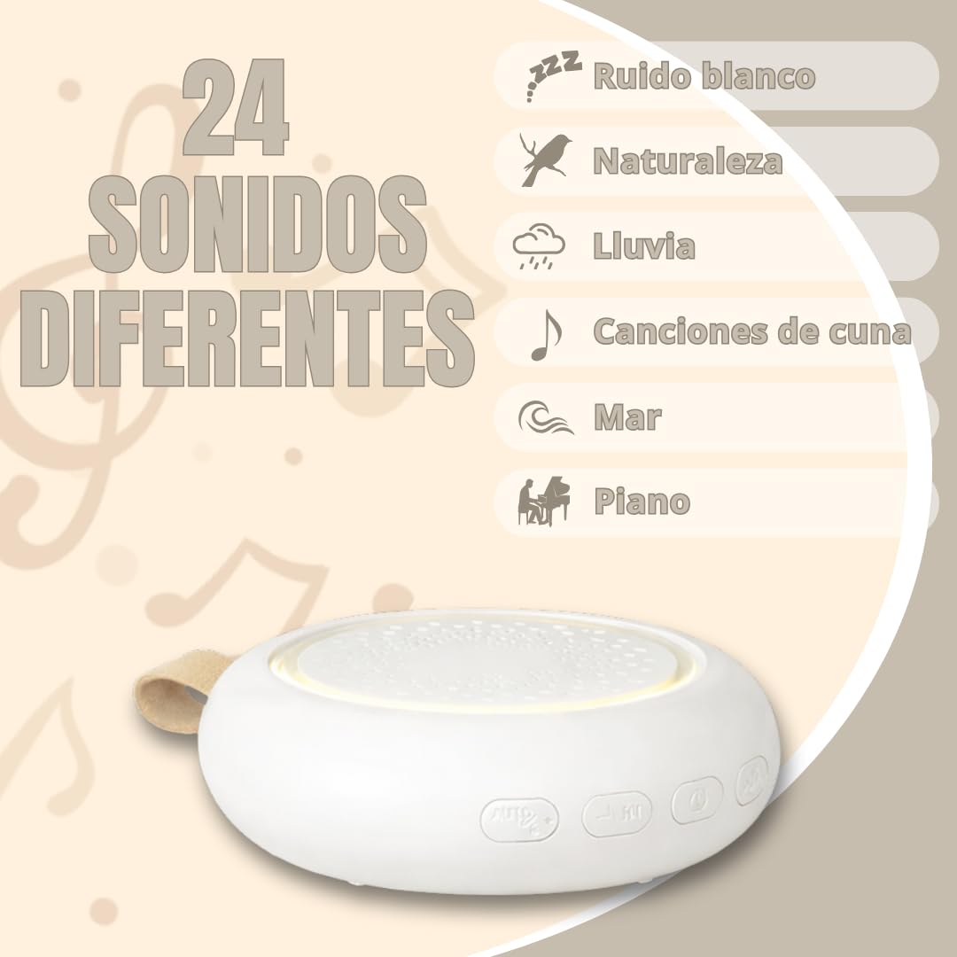 Ruido Blanco Bebé, Máquina Portátil con Música Relajante para Dormir, Luz Nocturna Regulable, Sonidos Calmantes, Temporizador, Recargable USB, Ideal para Cuna, Carrito y Viajes