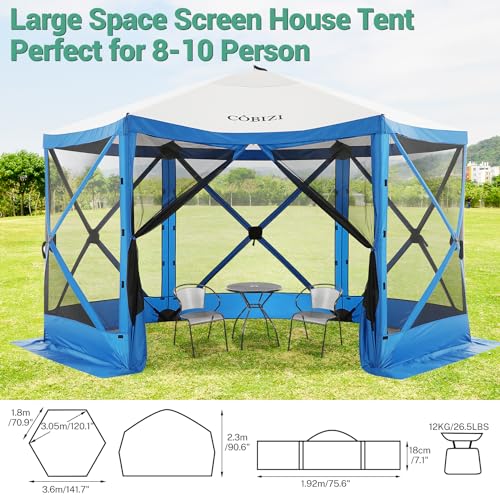 Image of COBIZI 12x12 pop up Gazebo on Clearance Screen Canopy Tent, Camping Outdoor Screened Gazebo with Sidewalls, Portable Hub Tent with Carrying Bag and Ground Stakes, Blue