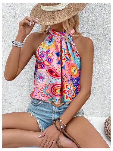 Image of RoseSeek Women's Tropical Paisley Halter Blouse Boho Shirt Vacation Tops