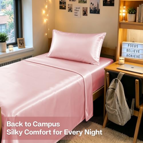Image of MR&HM Satin Bed Sheets, Twin XL Size Sheets Set, 3 Pcs Silky Bedding Set with 15 Inches Deep Pocket for Mattress (Twin XL, Light Pink)