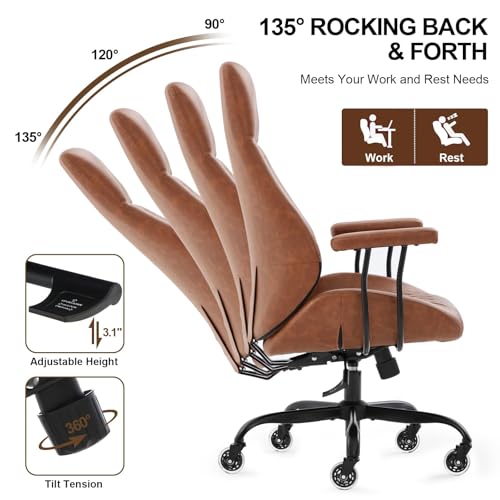 Image of E-Motie Leather Office Chair, Mid Century Modern Desk Chair, Brown | Ergonomic, Lumbar Support, 360 Swivel & Rolling Wheels, Adjustable Height, for Adults & Women