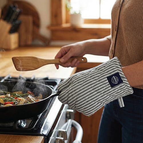 Image of Encasa XO Heat Resistant 100% Cotton Oven Glove & Potholder Set with Loop, Kitchen Cooking Mittens, Microwave Safe Hot Pads (Ticking Black)