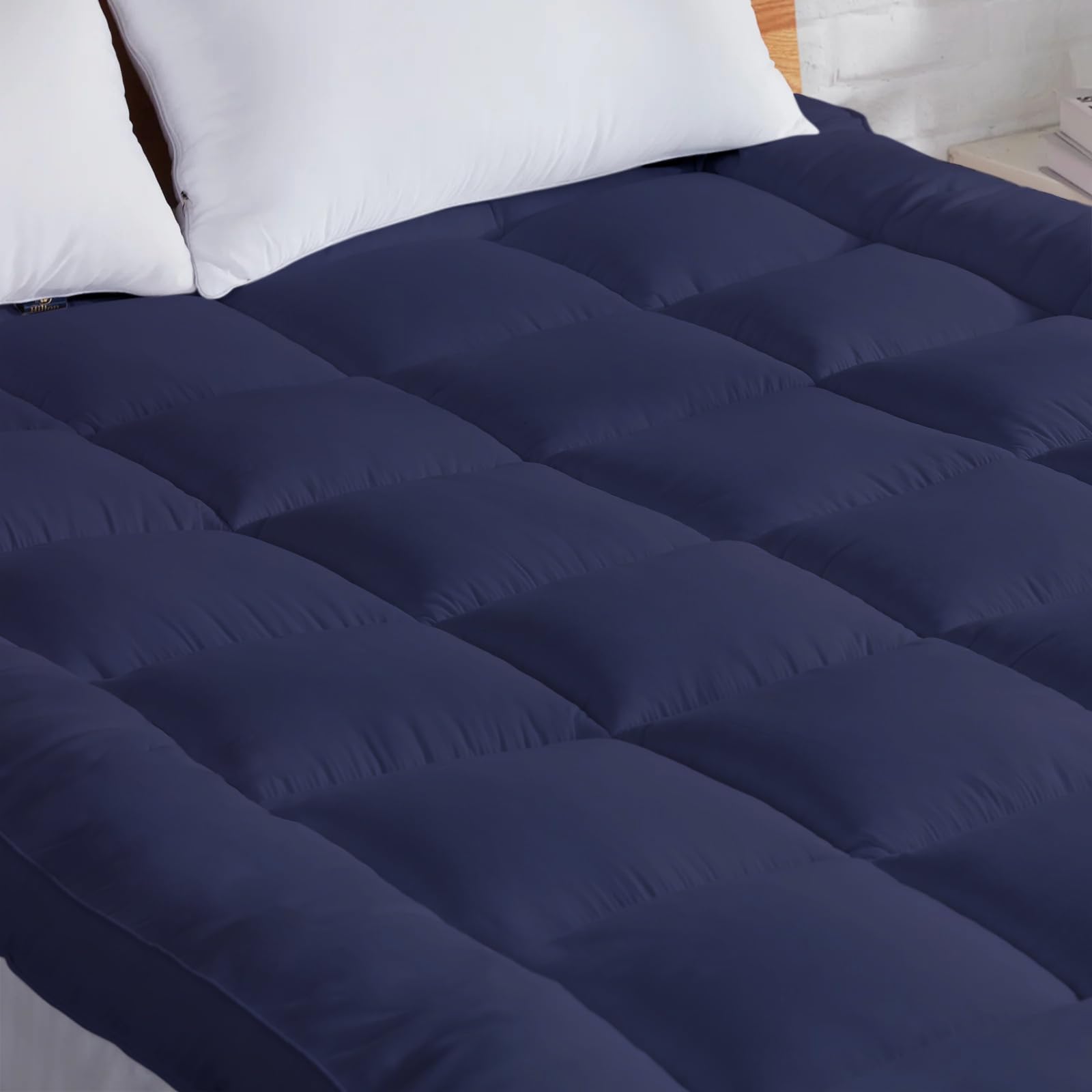 Ultra Soft Microfiber Mattress Topper Super King Size 84X78 | 3" Inch Thickness | Back & Neck Support | 4 Corner Elastic Band Upto 10" Inch | Machine Washable (Dark Blue, 6.5 X 7 Feet)