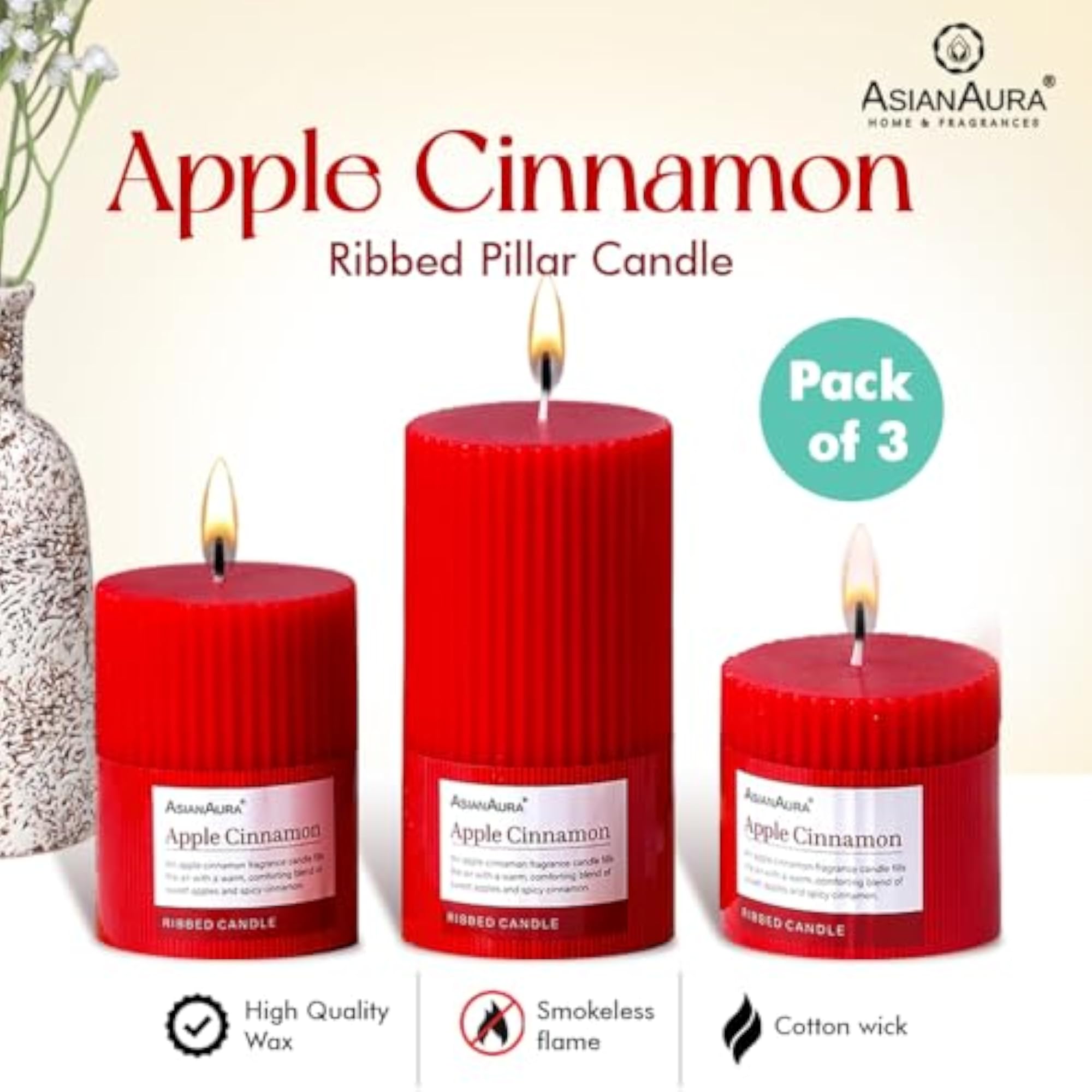 Scented Ribbed Pillar Candle | Smokeless & Dripless