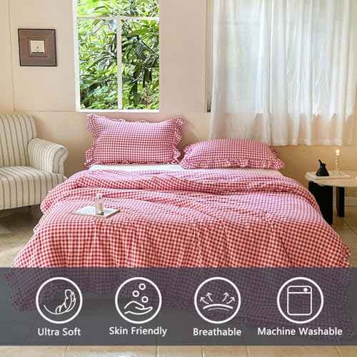 Image of NSNLGSGC Red Ruffle Gingham Comforter Set Queen, Pre-Washed Ruffled Plaid Checked Comforter Bedding, 3 Pieces Vintage Farmhouse Grid Bedding Set(Red Gingham, Queen)