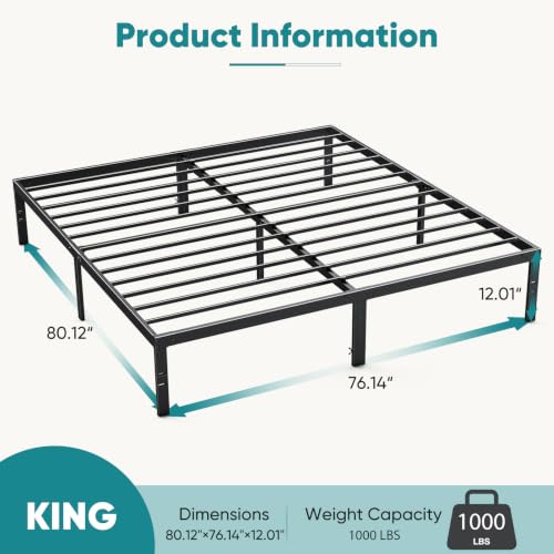Image of OLIXIS King Size Bed Frame 12 Inch Metal Slats Support | Under Bed Storage Space, Sturdy Heavy Duty Support Slats & Noise-Free, No Box Spring Needed, Easy Assembly