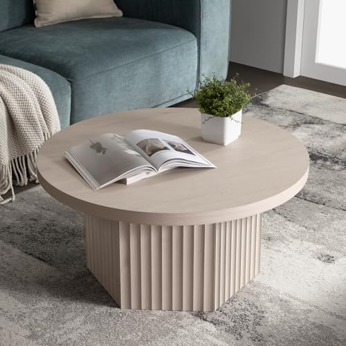 Image of SICOTAS Round Coffee Table for Living Room, 32 inch Circle Modern Fluted Center Coffee Table with Storage, Mid Century Accent Tea Dining Table for Small Space, Apartment, White Alder