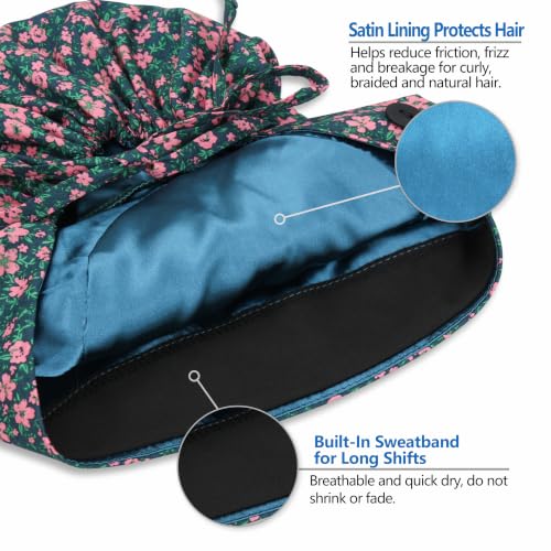 Image of Satin Lined Scrub Cap for Women, Bouffant Nurse Cap with Sweatband and Buttons, Adjustable Surgical Hat for Curly Hair, Braids, Long Hair and Buns