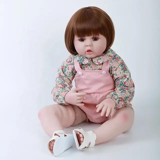 Reborn Baby Dolls Girl 24Inch/60 cm Full Body Vinyl Newborn Baby Dolls with Clothes and Toy Accessories Gift for Kids Age 3+ BROWN SHORT HAIR 3D SKIN