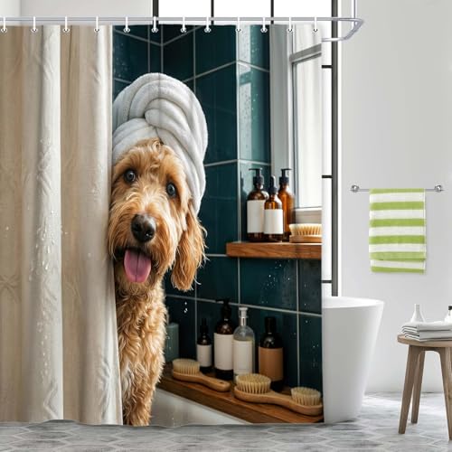 Image of Funny Dog Shower Curtain for Bathroom, Cute Fun Teddy Dog Animal Shower Curtain, Funny Puppy Hilarious Waterproof Bath Curtain Polyester Fabric with 12 Hooks 72x84 Inch