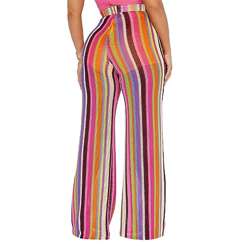 Women's Striped Knitted Crochet Wide Leg Pants High Waist Straight Leg Palazzo Pants3