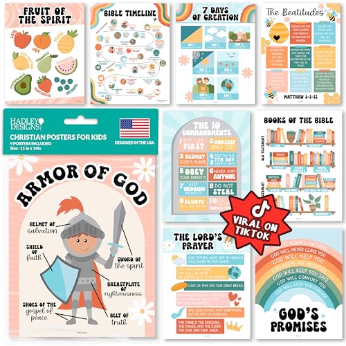 Hadley Designs Sunday School Decorations for Classroom –9 Bible Posters for Kids, Books of the Bible, 10 Commandments, Bible Timeline Chart, Fruits of the Spirit, Retro Christian Classroom Decor