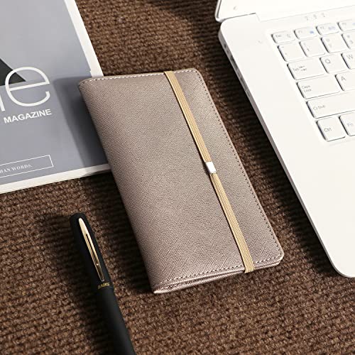 Image of LOLOMLO Checkbook Cover for Duplicate Checks, Stripes Criss Cross Embossed PU Leather Check Book Holder for Top Side Tear Register, RFID Blocking Wallet with Elastic Strap & Pen Slot, Brown Champagne
