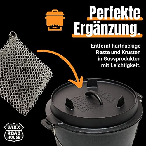 JAXX ROADHOUSE Topfreiniger Edelstahl aus Softmesh für Töpfe, Grill und Hände | Ringreiniger Dutch Oven | Spülmaschinengeeignet | Flexibler Gusseisen Reiniger | Langlebige Gusseisen Pflege