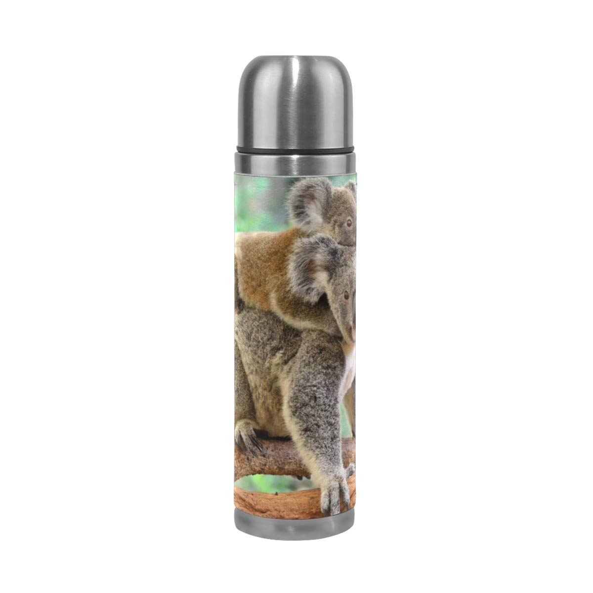 Taza de viaje aislada al vacío de acero inoxidable con doble pared a prueba de fugas, botellas de koala con estampado personalizado impreso en piel auténtica, termo de 500 ml